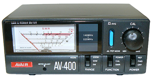 VHF & UHF Power and SWR meter, Avair, 140-525 MHz, 5W/ 20W/ 200W & 400W handling, SO-239 terminations on rear – 150mm x 65mm x 100mm